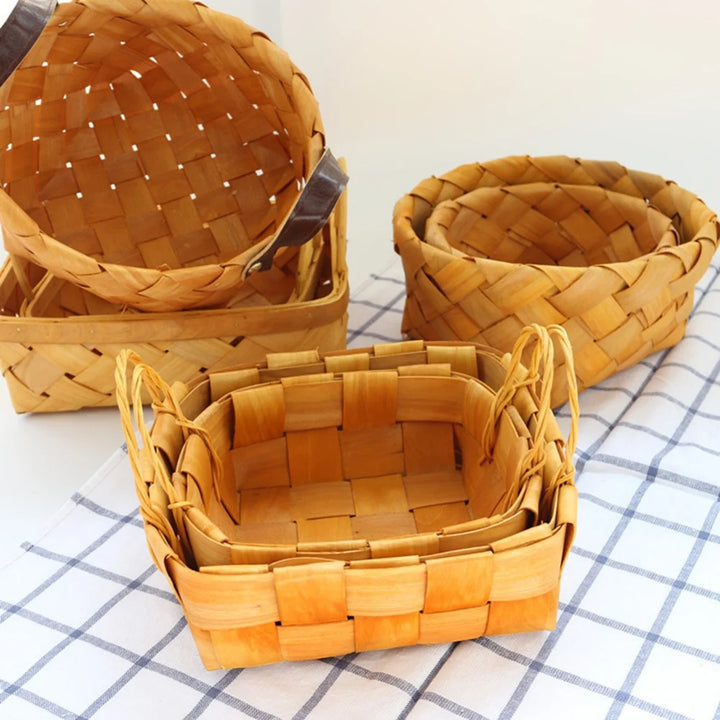 Woven Storage Basket with Handle Bread Basket Portable Picnic Food Fruit Storage Box Kitchen Organizer Decor Photography Props