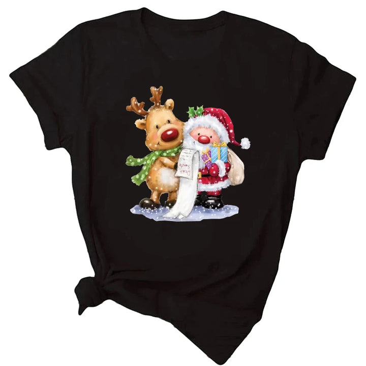 Maycaur Fashion Women's Tops Tee Women Merry Christmas Holiday Tshirts Funny Cartoon Santa Reindeer Printed Black T-shirt Female