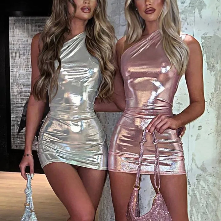 TARUXY Silver PU Mini Dress Womens Bodycon Sexy Sleeveless High Waisted Sheath Dresses Party Fashion Slim Dress Women 2024 New