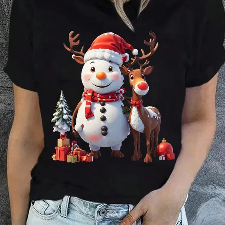 Christmas Women Casual T-Shirt Cartoon Snowman Reindeer Christmas Tree Print Sports Fashion Shirt Round Neck Loose Versatile Top