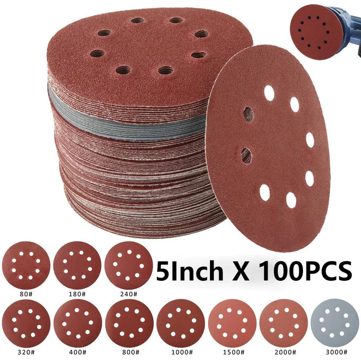 100Pcs 125mm Sandpaper Round Shape Sanding Discs Hook Loop Sanding Paper Buffing Sheet Sandpaper 8 Hole Sander Polishing Pad