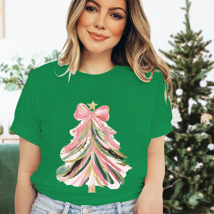 Merry Christmas Tree Design T-shirt Women Funny Festive Fashion Casual Green Tshirt Creative Xmas Tree Graphic Holiday Tops Tees