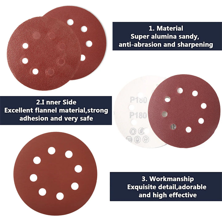 100Pcs 125mm Sandpaper Round Shape Sanding Discs Hook Loop Sanding Paper Buffing Sheet Sandpaper 8 Hole Sander Polishing Pad