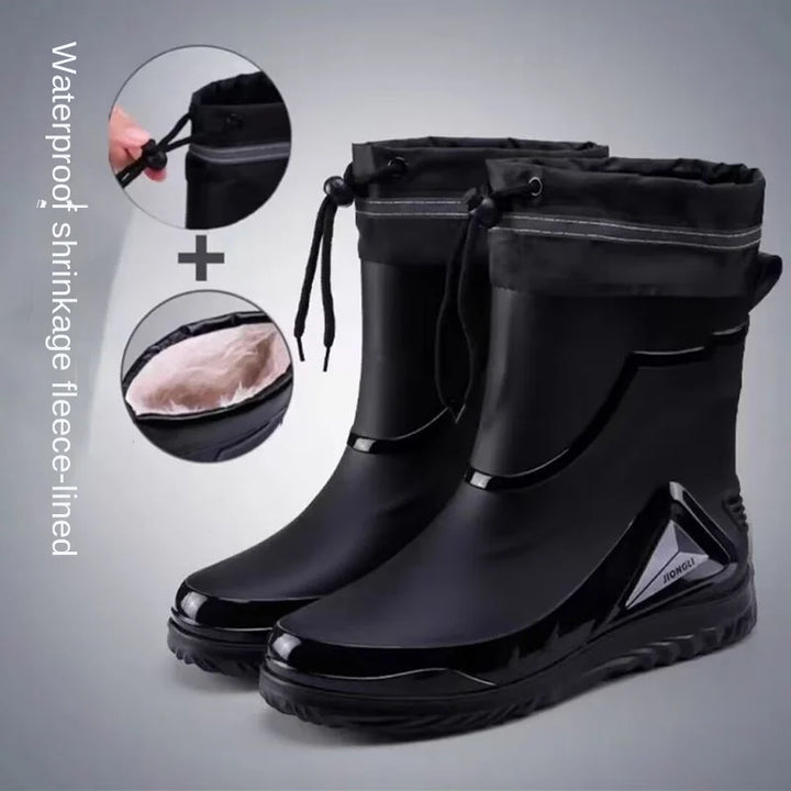 New ，Rain Boots Men's Waterproof Drawstring Rain ，Shoes Velvet Padded Suit， Warm Non-Slip Flat Fashion Take-out Rider Rain Boots