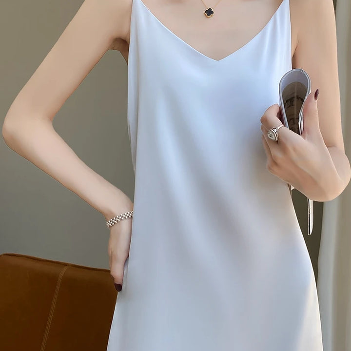 Silk High-Grade Dress New Spring/Summer Sleeveless V-Neck Dress Vest Slip Skirt Silk White With High-Grade Temperament RW D13