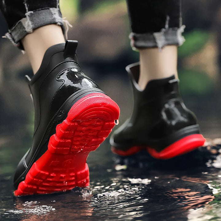 Fashion contrast color black red sole short rain boots men's outerwear versatile non-slip wading khaki rubber shoes