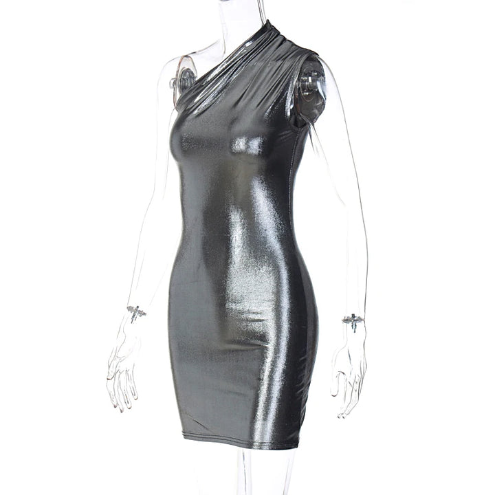 One Shoulder Metallic Mini Dress Night Club Black Bodycon Dress Sleeveless Tight Short Summer Dress Women 2023 Trendy