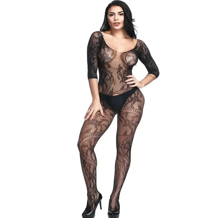 Bodysuit Women Transparent Bodysuits Sexy Lingerie Sleepwear Mesh Floral See-through Catsuit Black Erotic Sexy Costume