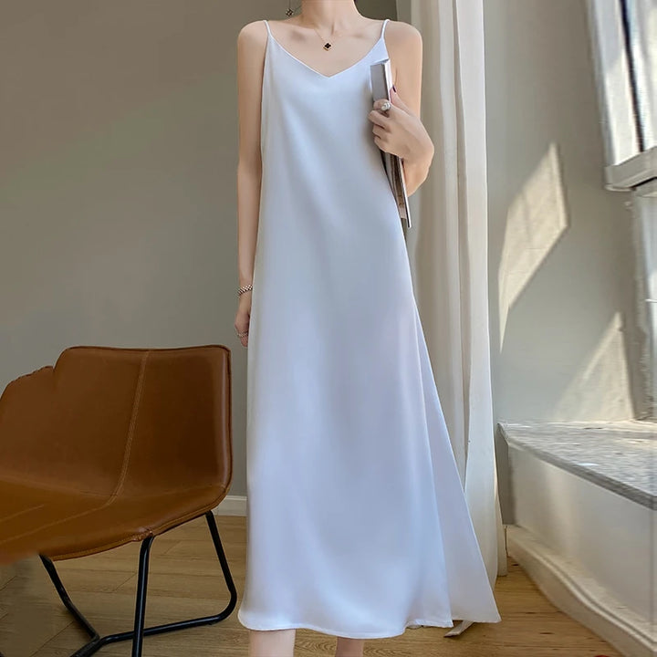 Silk High-Grade Dress New Spring/Summer Sleeveless V-Neck Dress Vest Slip Skirt Silk White With High-Grade Temperament RW D13