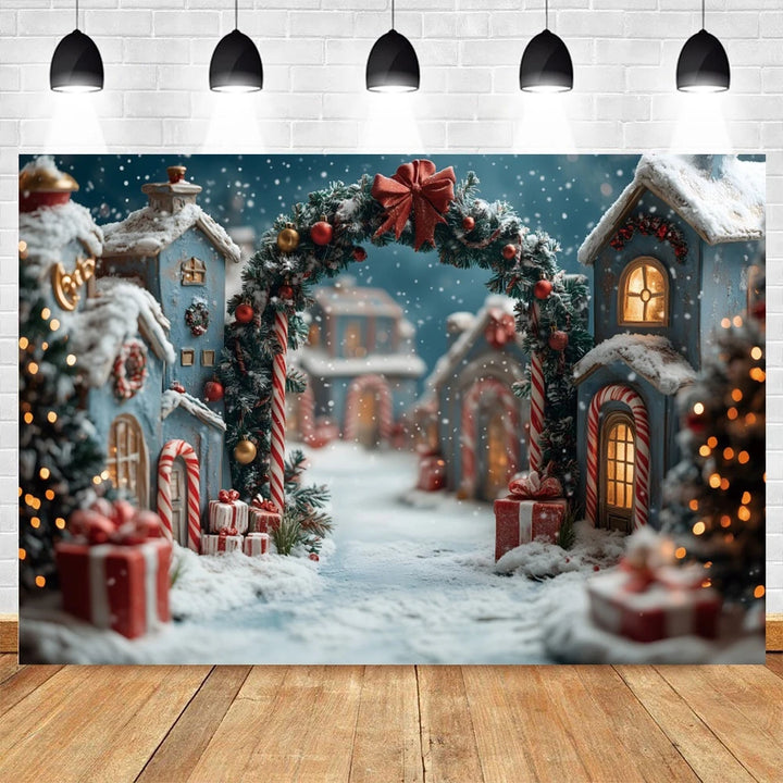 Winter Christmas Photography Backdrop Wonderland Candy Cane Arch Xmas Town Snow Tree Family Portrait Decor Photo Background Prop