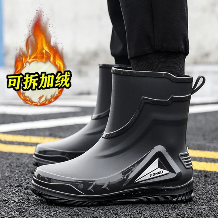 Autumn and winter non-slip rain boots for men warm rain boots, velvet waterproof shoes, kitchen plastic work shoes fishing shoes