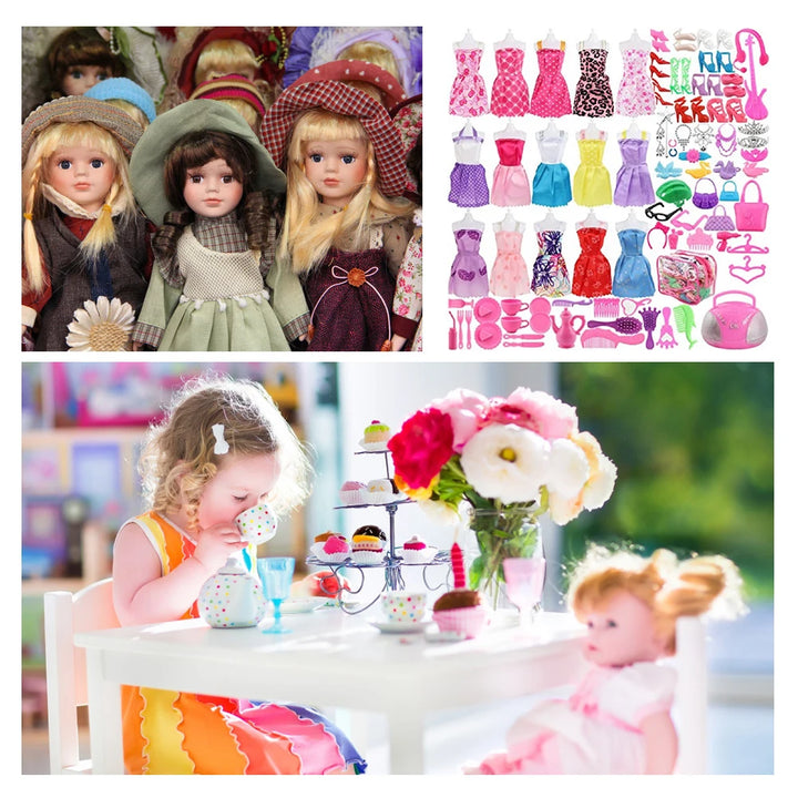 106pcs Doll Accessories Fashion Cute Dress Doll Shoes Boots Mini Dress Handbag Outfit Rack DIY Dollhouse Toy For Barbie Doll