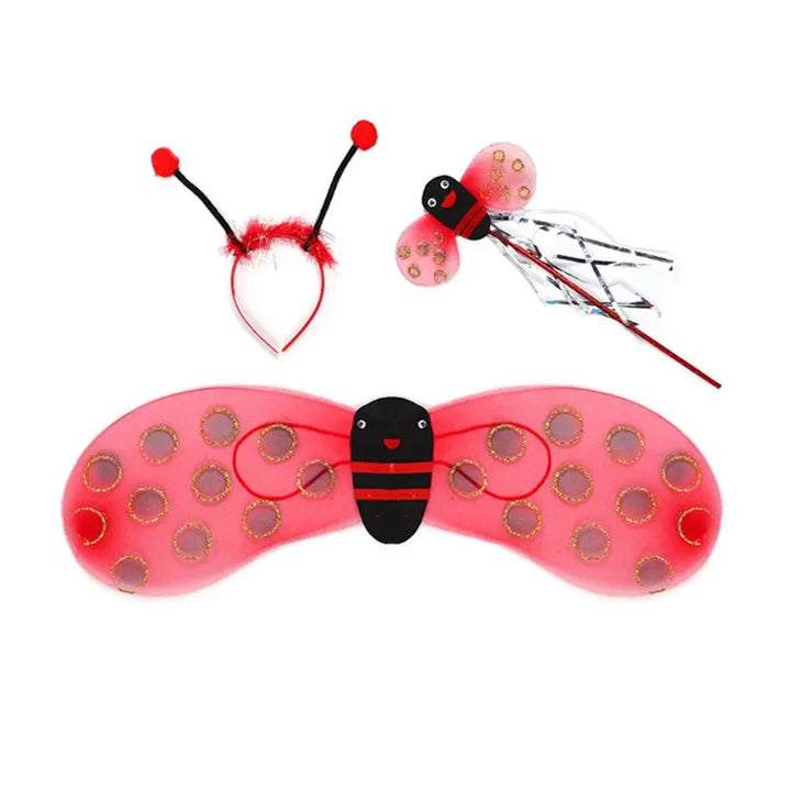 4Pcs/Set Kid Fairy Costume Set Ladybird Bee Glitter Cute Wing Striped Layered Tutu Skirt Wand Headband Dress Up Halloween Outfit