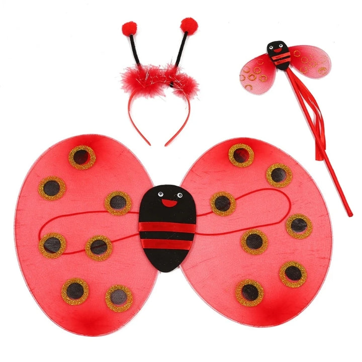 4Pcs/Set Kid Fairy Costume Set Ladybird Bee Glitter Cute Wing Striped Layered Tutu Skirt Wand Headband Dress Up Halloween Outfit