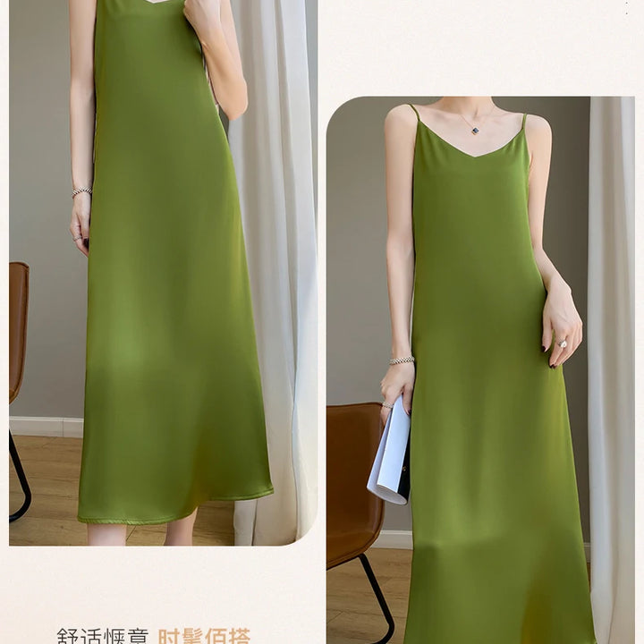 Summer Halter Dress Female Silk Silk Silk High Grade Satin Solid Color Long A-Line Skirt Waist Show Thin Cover Meat RW D13