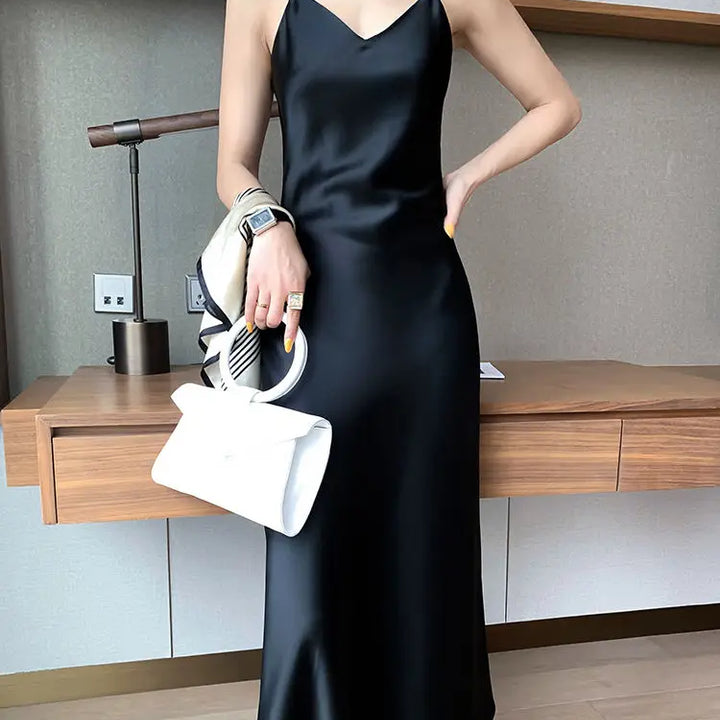 2022 Elegant Women Dress Summer Sexy V-Neck Korean Satin Party Long Spaghetti Strap Dresses Casual Sundress Vestido Mujer