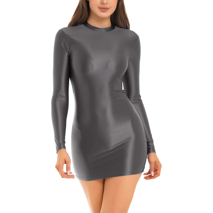 Women Oil Bodycon Dress Smooth Stretchy Tight Party Dress Female Sexy Envening Dresses Glossy Long Sleeve Bodycon Dress Clubwear