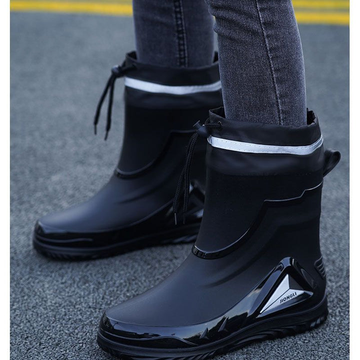 New ，Rain Boots Men's Waterproof Drawstring Rain ，Shoes Velvet Padded Suit， Warm Non-Slip Flat Fashion Take-out Rider Rain Boots