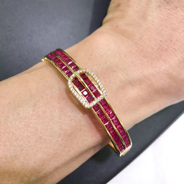 CSJ Ruby Bangle Created Red Corundum Bracelet Yellow Gold for Women Lady Party Birthday Trendy Jewelry Gift