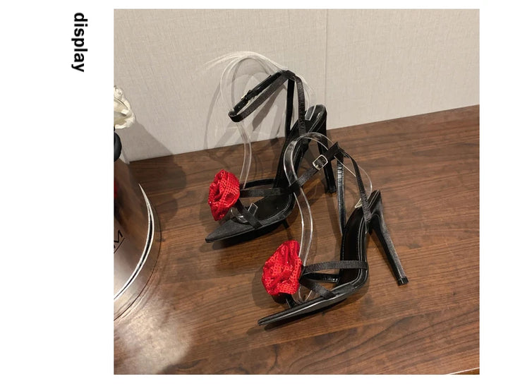 Aneikeh 2025 Fashion Denim Buckle Strap High Heels Women's Sexy Pointed Open Toe Crystal Flower Slim Heel Sandals Party Dress