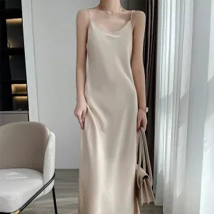 Spring/Summer Satin Dress V-neck, sleeveless, suit with a high-waisted maxi skirt