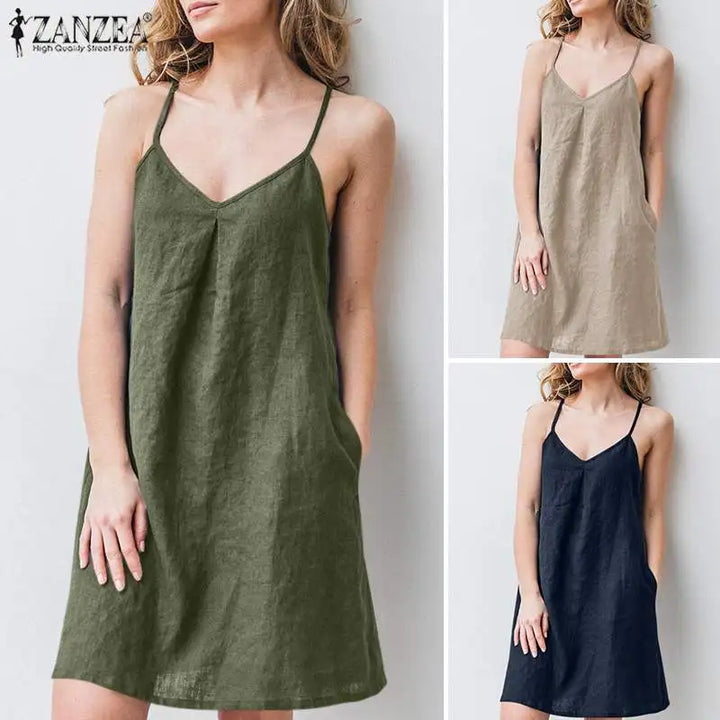 2023 ZANZEA Women Summer Backless Straps Dress Solid Sleeveless V-Neck Sundress Female Casual Robe Party Beach Vestidos Oversize