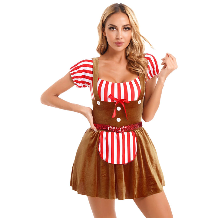 Womens Gingerbread Man Dress for Adult Christmas Halloween Costume Cookie Cosplay Dress for Carnival Party Dress Up Clothes