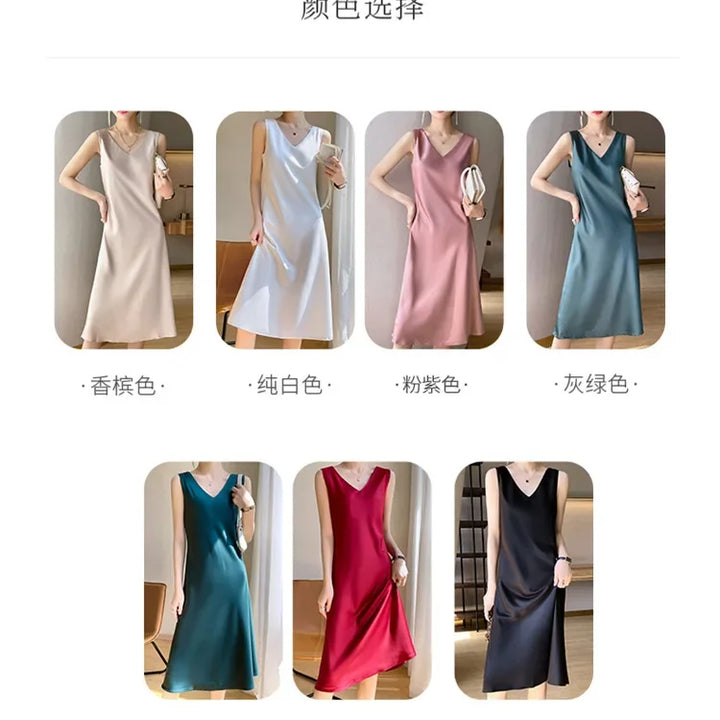 Spring/Summer Satin Dress V-neck, sleeveless, suit with a high-waisted maxi skirt