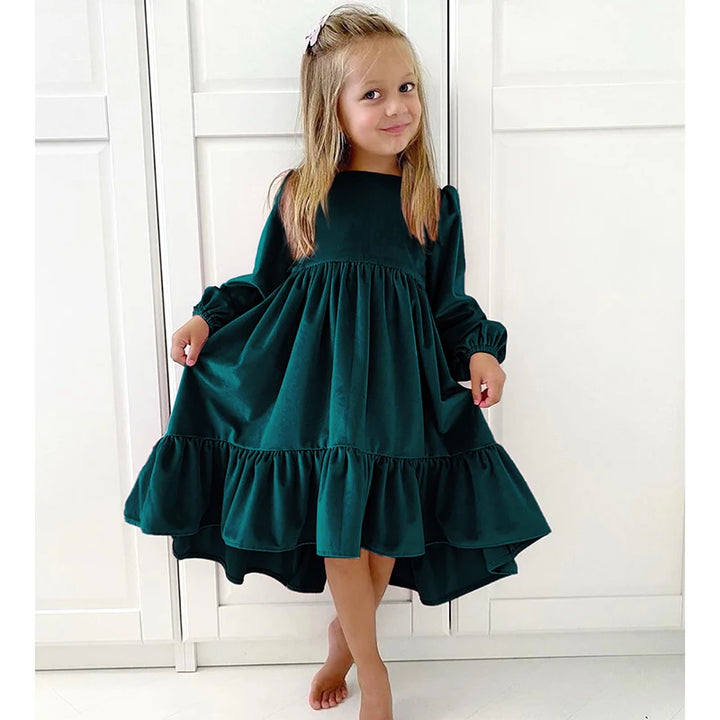 Spring AutumnGirls Dress Ruffles Long Sleeve Girl Velvet Retro Kids Party Dress Girl Princess Dress Children Clothing 6-12Y