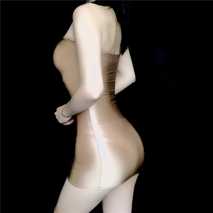 Sexy Oil Glossy Shin Sheer Micro Mini Dress See Through Bodycon Tight Pencil Cute Smooth Bandage Candy Color