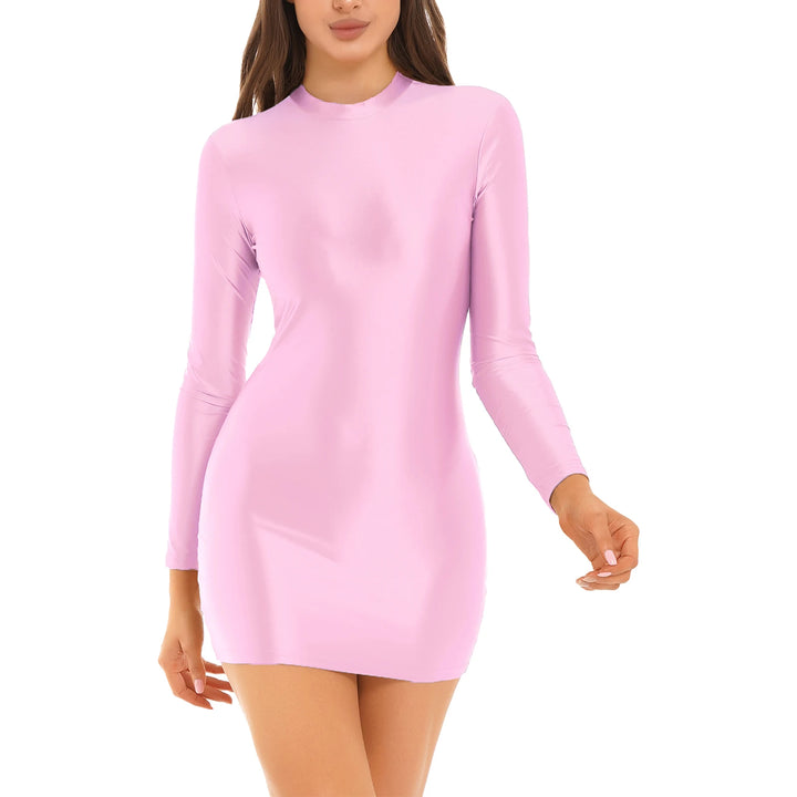 Women Oil Bodycon Dress Smooth Stretchy Tight Party Dress Female Sexy Envening Dresses Glossy Long Sleeve Bodycon Dress Clubwear