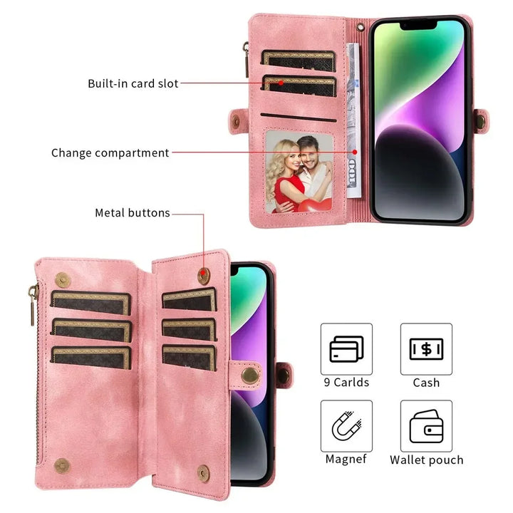 Luxury Handbag Zip Wallet Case for Google Pixel 8 Pro 8A 7 7A 6 6A 5 XL 5A 4 4A Leather Phone Bumper Magnetic Strap Flip Case