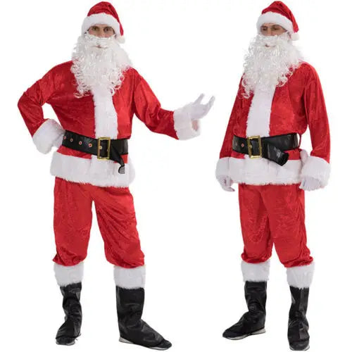 Deluxe Christmas Santa Claus Costume Set Red Zipper Coat with Pants Hat Belt Beard Shoes - Festive Holiday Outfit for