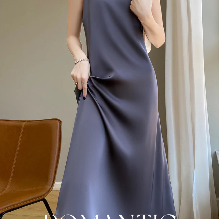 Summer Halter Dress Female Silk Silk Silk High Grade Satin Solid Color Long A-Line Skirt Waist Show Thin Cover Meat RW D13