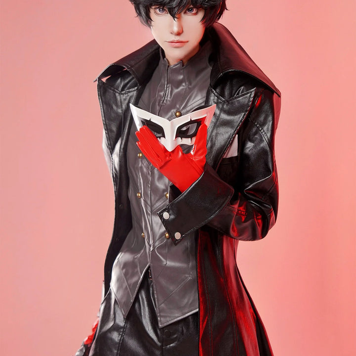 HOLOUN P5 Game Ren Amamiya Cosplay Costume Wig Mask Joker Faux Leather Coat Pants Vest Gloves Daily Wear Cos Convention Rose Net