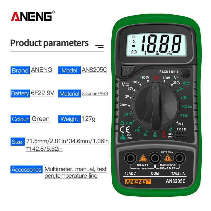 ANENG AN8205C Digital Tester AC/DC Ammeter Multimeter Volt Ohm Multimetro Meter With Thermocouple LCD Backlight Portable Tools