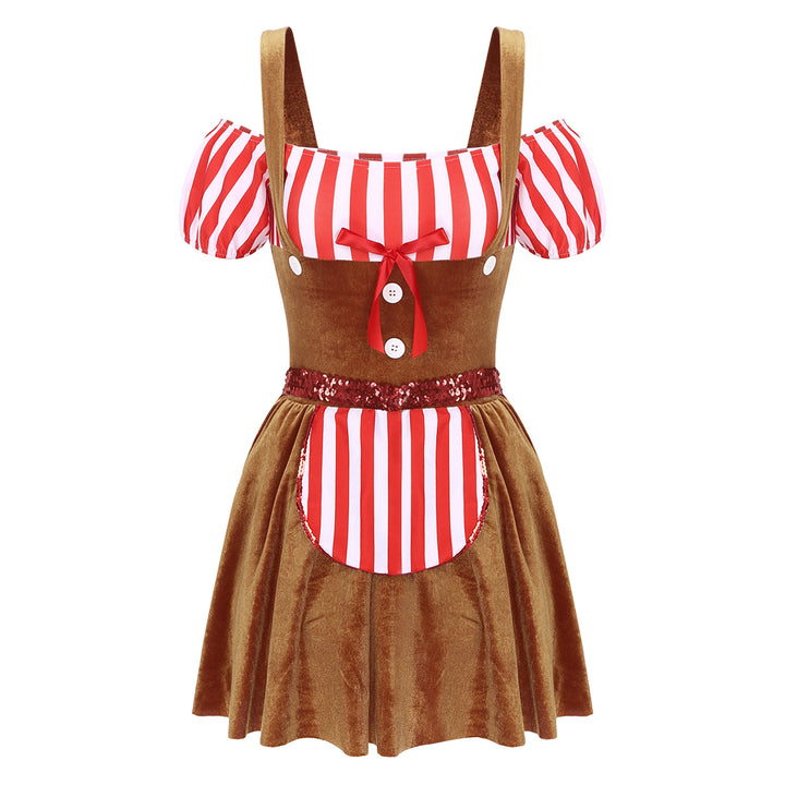 Womens Gingerbread Man Dress for Adult Christmas Halloween Costume Cookie Cosplay Dress for Carnival Party Dress Up Clothes