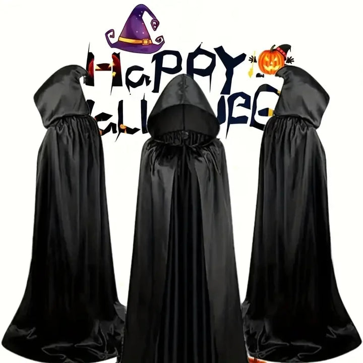 Masquerad Cloak Soft Unisex Hooded Black Robe Witch Long Cape Cosplay Costume Prop Party Performance Supplies Holiday Decoration