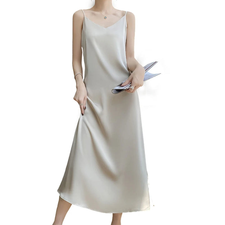 Silk High-Grade Dress New Spring/Summer Sleeveless V-Neck Dress Vest Slip Skirt Silk White With High-Grade Temperament RW D13