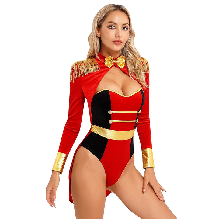 Womens Circus Ringmaster Costume Jumpsuit Halloween Carnival Party Long Sleeve Tailcoat Velvet Fringed Sexy Cosplay Bodysuit