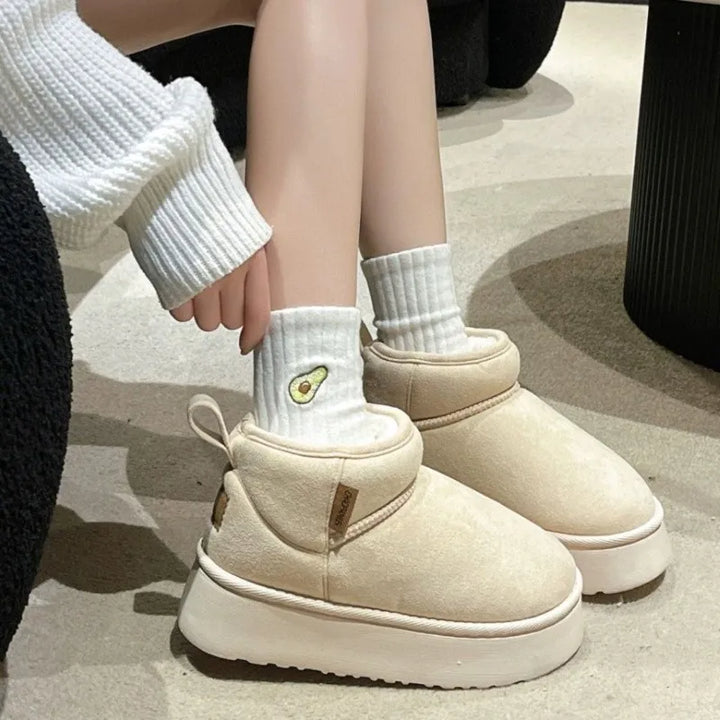 Beige Womens Boots with Mid Heel Short Leg Round Toe Sleeve Winter Anti Slip and Warm Comfortable Suede Snow Boots De Mujer