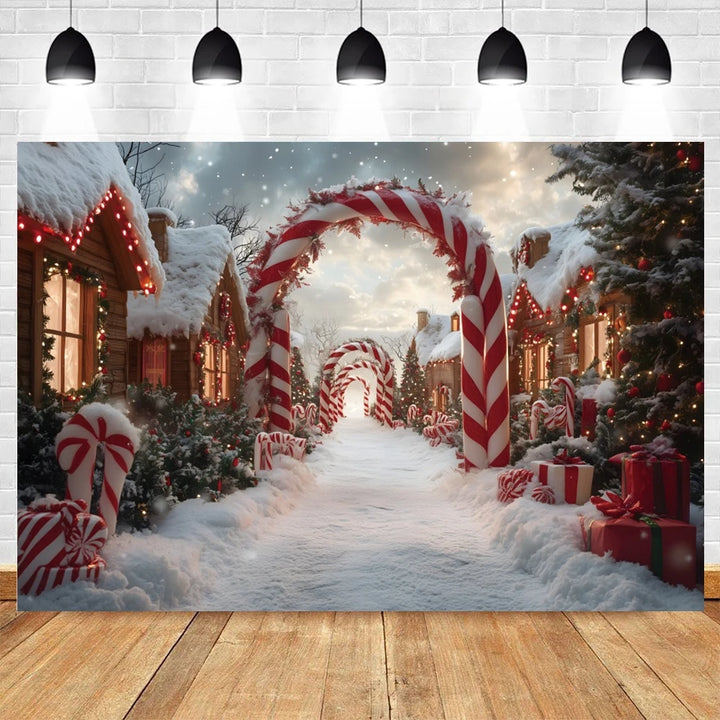 Winter Christmas Photography Backdrop Wonderland Candy Cane Arch Xmas Town Snow Tree Family Portrait Decor Photo Background Prop