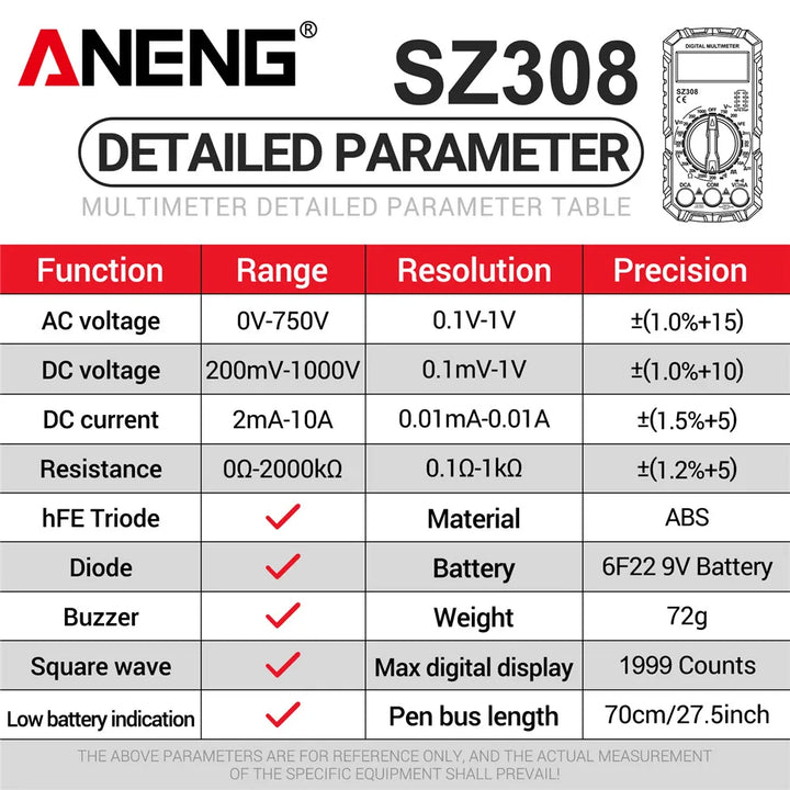 ANENG SZ308 Digital Multimeter Voltage Resistance Meter AC/DC Current Meter Electrician LCD Backlight Ohm Square Wave Test