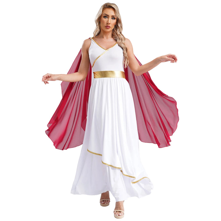 Womens Ancient Greek Toga Goddesses Costumes Party Halloween V Neck Sleeveless Gold Trims Toga Greece Roman Queen Cosplay Dress