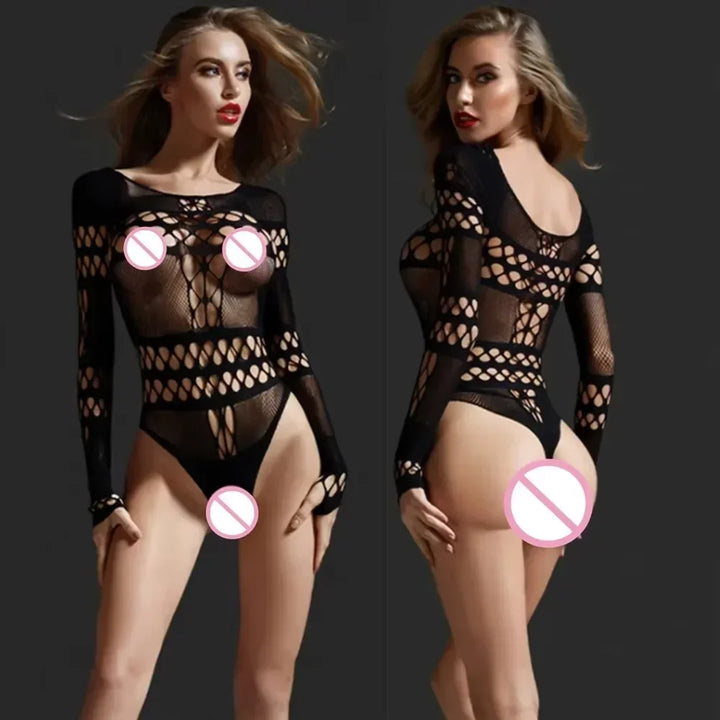 Bodysuit Women Transparent Bodysuits Sexy Lingerie Sleepwear Mesh Floral See-through Catsuit Black Erotic Sexy Costume