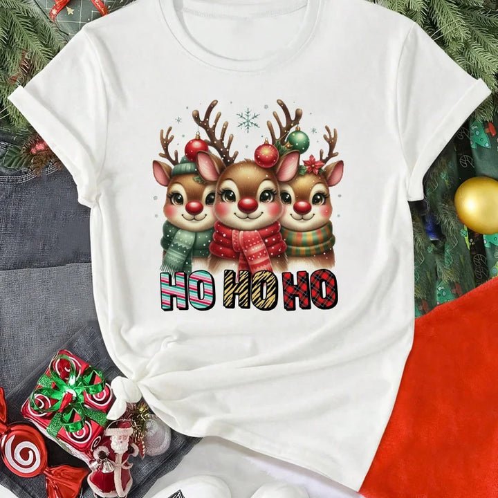 Cute Christmas Elk Printing Women T Shirt Cartoon Casual Short Sleeve O-Neck Women Red Tshirt Ladies Y2k T-shirt Female