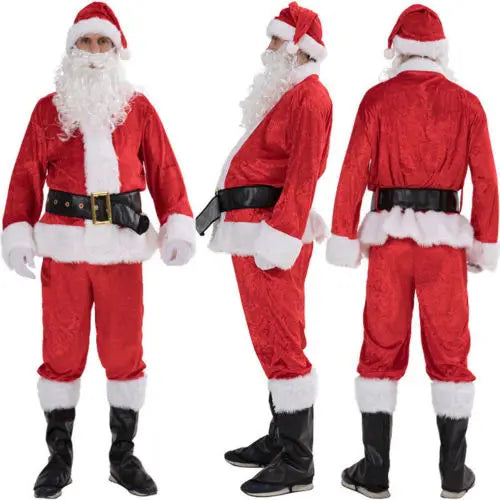 Deluxe Christmas Santa Claus Costume Set Red Zipper Coat with Pants Hat Belt Beard Shoes - Festive Holiday Outfit for