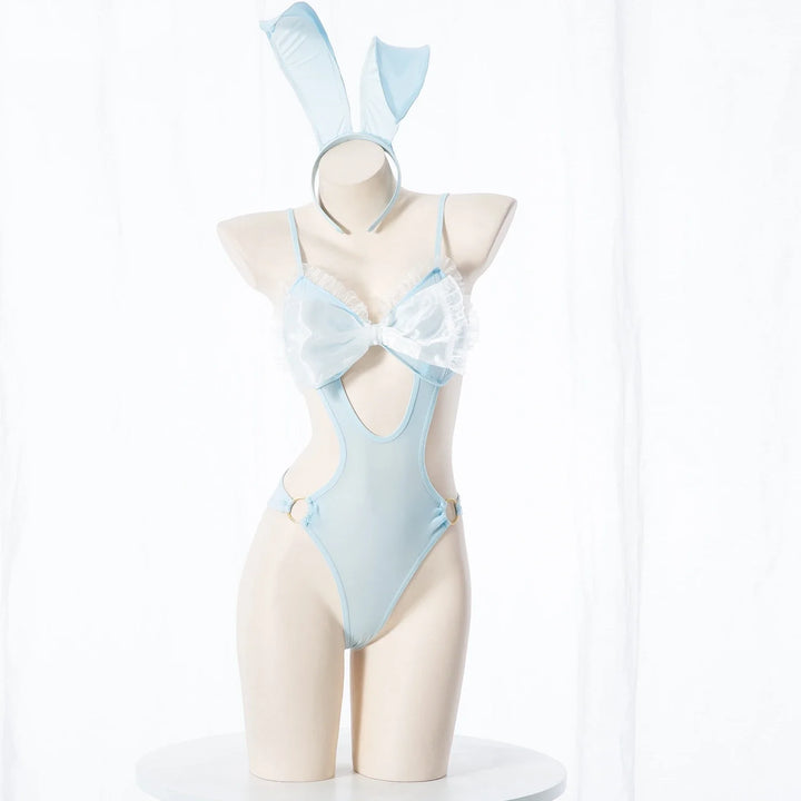 Sexy Lace Bow Bunny Girl Uniform Role Play Outfits Hollow Light Blue Bodysuit Fairy Cosplay Costume Swimsuit Underwear Lingerie