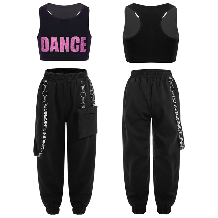 Teens Girls Fashion Outfit Street Jazz Dance Clothes Sleeveless Racer Back Crop Top with Hiphop Sweatpants Streetwear Sportswear