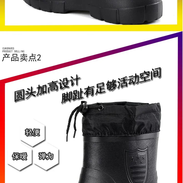 Winter Windproof Cotton Rain Boots Men Warm Light Ankle Rainboots Fashion Black Slip on Rain Shoes Men Waterproof Work Boot2024